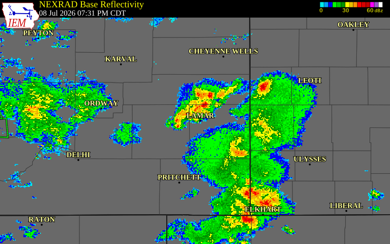 NEXRAD radar during the Wednesday, July 8, 2026 storm activity in Prowers County, Colorado