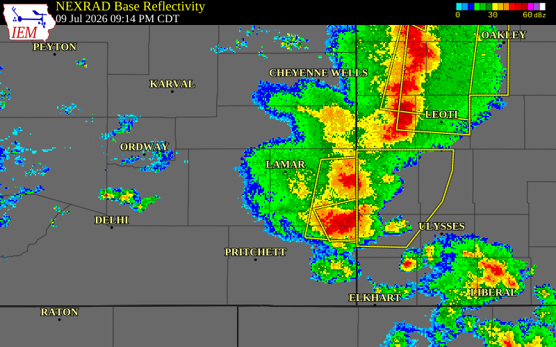 NEXRAD radar during the Thursday, July 9, 2026 storm activity in Prowers County, Colorado