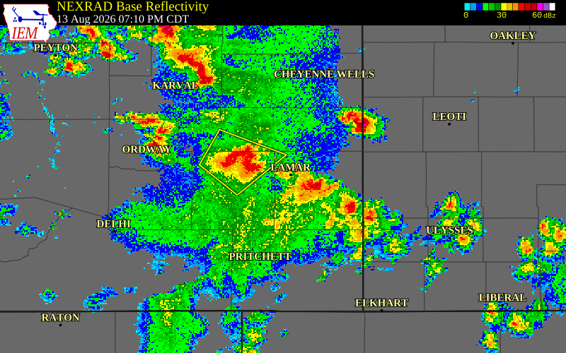 NEXRAD radar during the Thursday, August 13, 2026 storm activity in Prowers County, Colorado