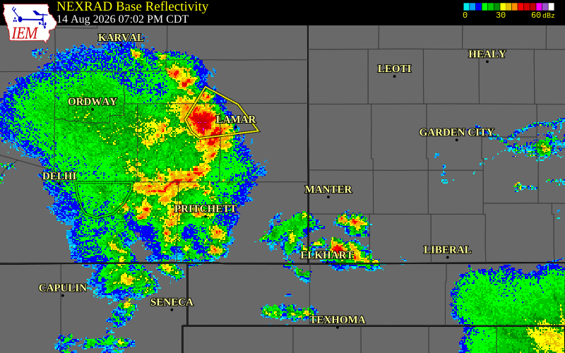 NEXRAD radar during the Friday, August 14, 2026 storm activity in Prowers County, Colorado