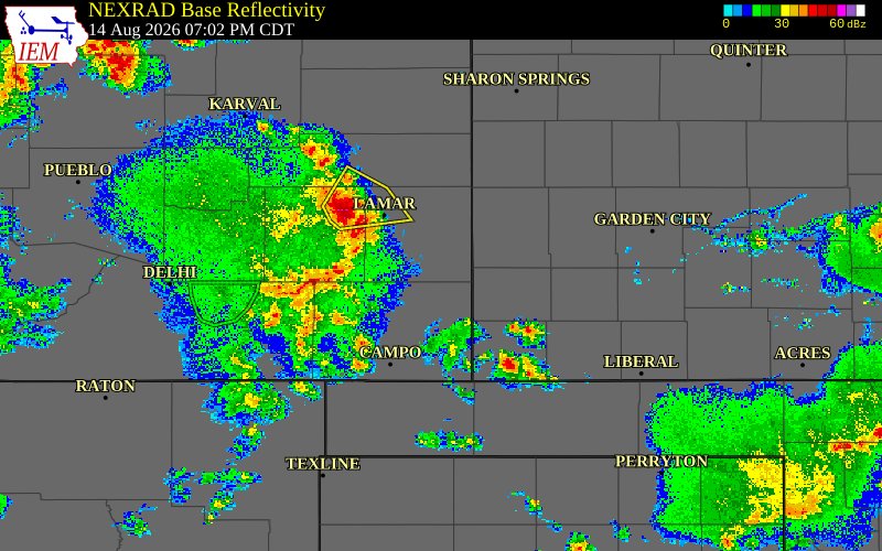 Radar snapshot during the Aug 14, 2026 hail event near 12 NE Two Buttes, Prowers County, Colorado, with NWS warning polygons