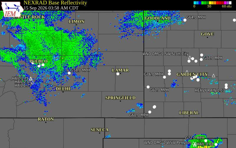Current NEXRAD radar over Prowers County, Colorado with recent storm report locations
