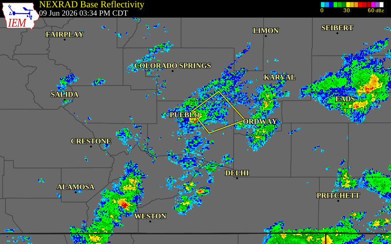 NEXRAD radar during the Tuesday, June 9, 2026 storm activity in Pueblo County, Colorado