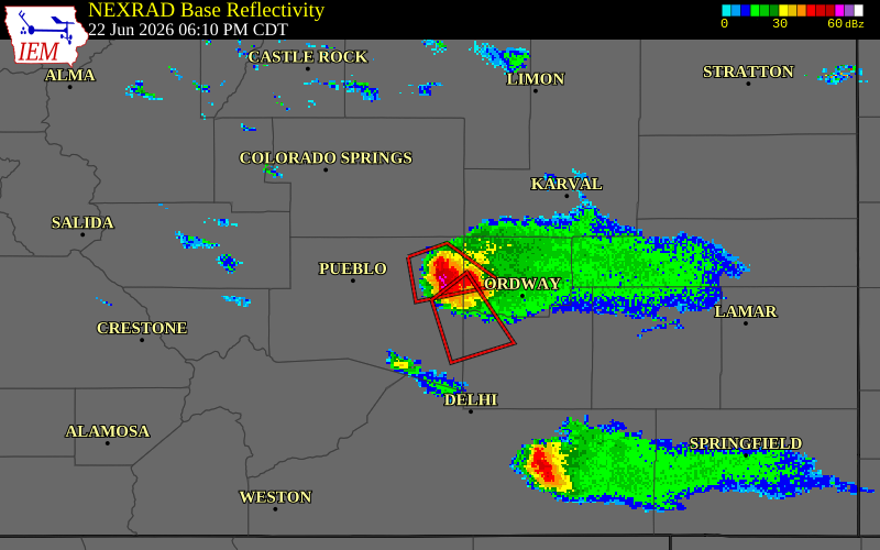 NEXRAD radar during the Monday, June 22, 2026 storm activity in Pueblo County, Colorado