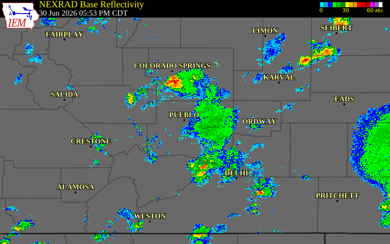 NEXRAD radar during the Tuesday, June 30, 2026 storm activity in Pueblo County, Colorado