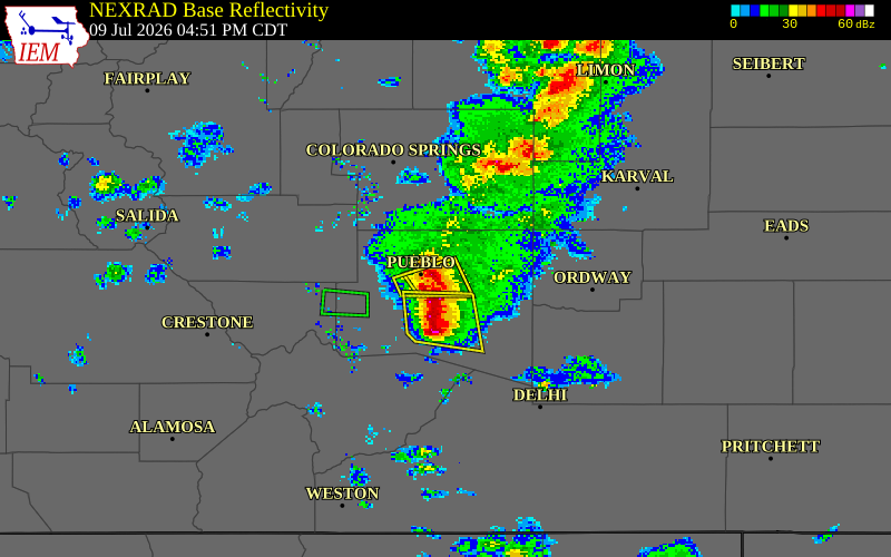 NEXRAD radar during the Thursday, July 9, 2026 storm activity in Pueblo County, Colorado