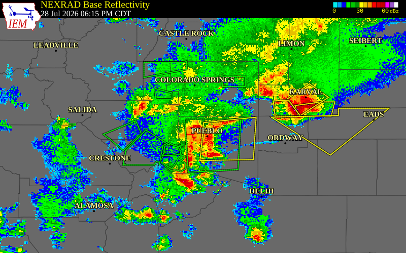 NEXRAD radar during the Tuesday, July 28, 2026 storm activity in Pueblo County, Colorado
