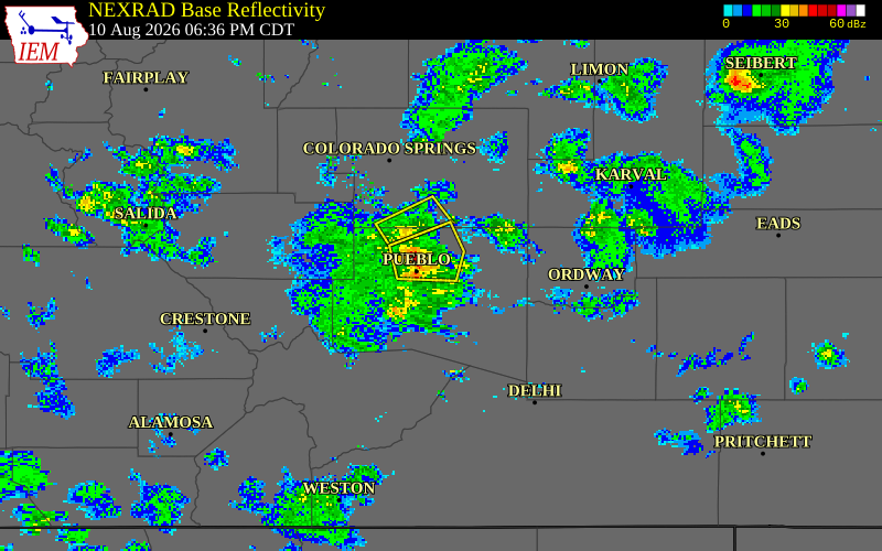 NEXRAD radar during the Monday, August 10, 2026 storm activity in Pueblo County, Colorado