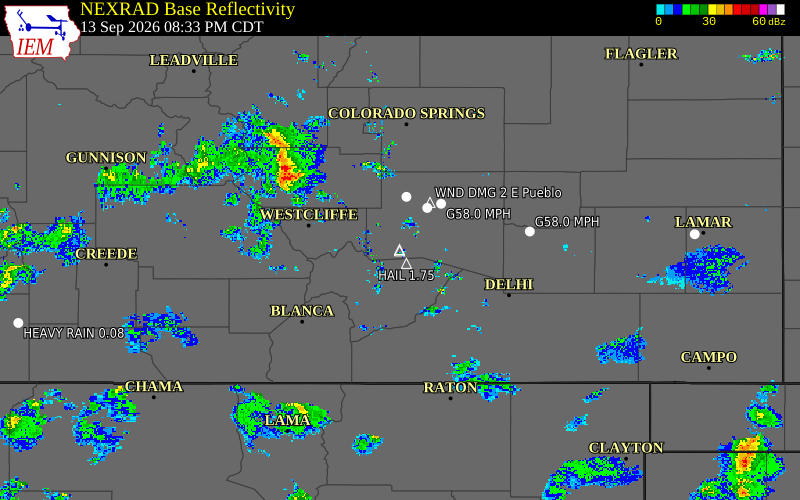 Current NEXRAD radar over Pueblo County, Colorado with recent storm report locations
