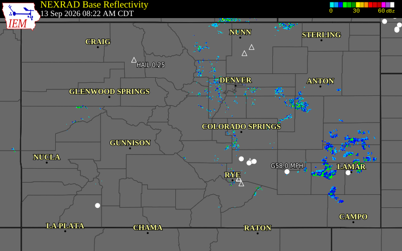 Current NEXRAD radar across Colorado with recent storm report locations