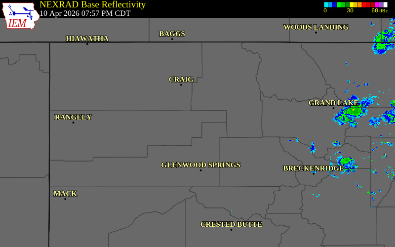 NEXRAD radar during the Friday, April 10, 2026 storm activity in Rio Blanco County, Colorado