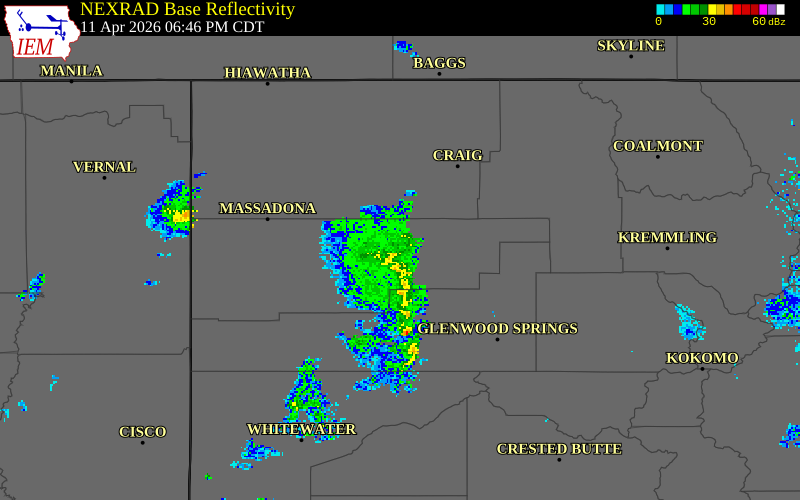 NEXRAD radar during the Saturday, April 11, 2026 storm activity in Rio Blanco County, Colorado