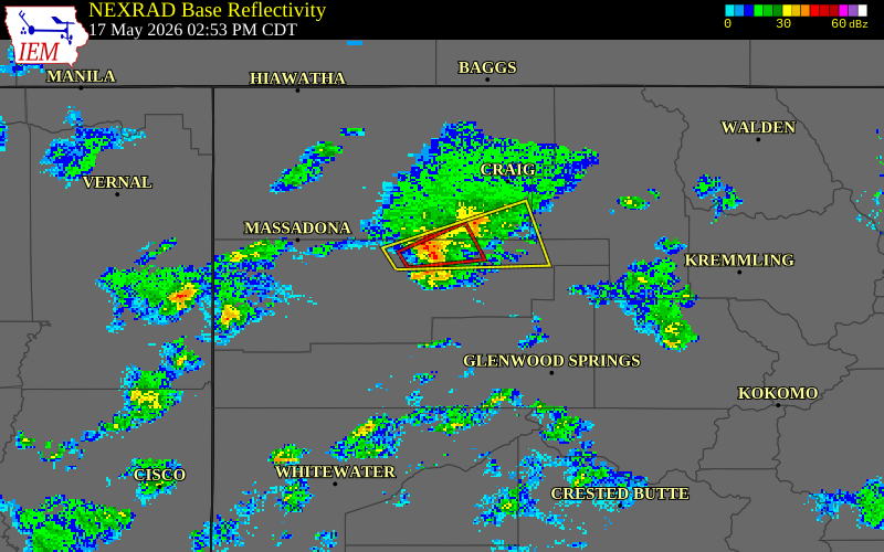 NEXRAD radar during the Sunday, May 17, 2026 storm activity in Rio Blanco County, Colorado