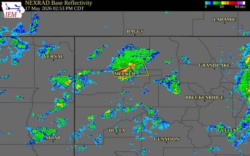 Radar snapshot during the May 17, 2026 wind event near 1 S Meeker, Rio Blanco County, Colorado, with NWS warning polygons