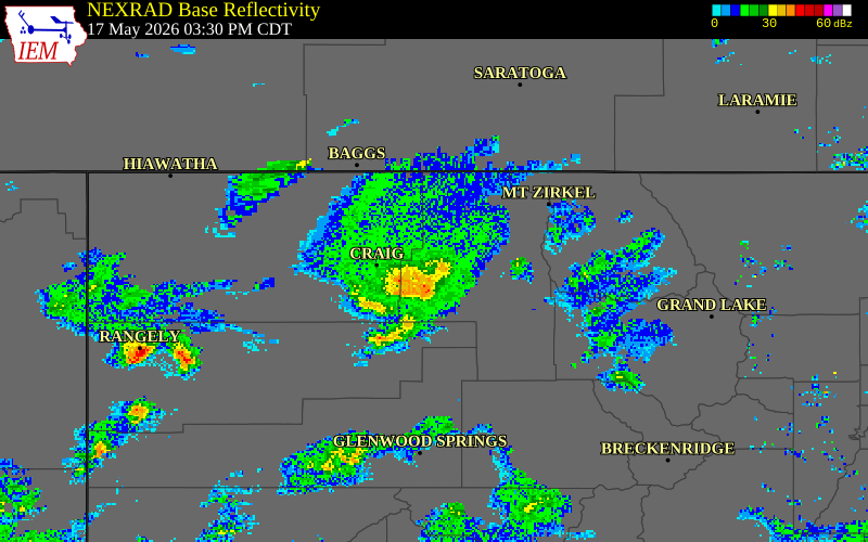 NEXRAD radar during the Sunday, May 17, 2026 storm activity in Routt County, Colorado