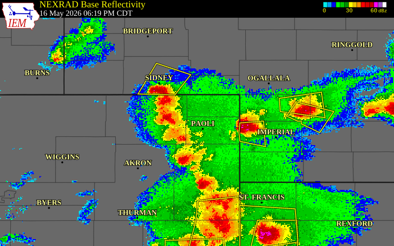 NEXRAD radar during the Saturday, May 16, 2026 storm activity in Sedgwick County, Colorado