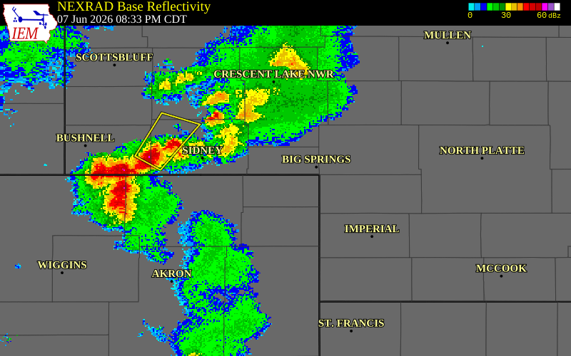NEXRAD radar during the Sunday, June 7, 2026 storm activity in Sedgwick County, Colorado