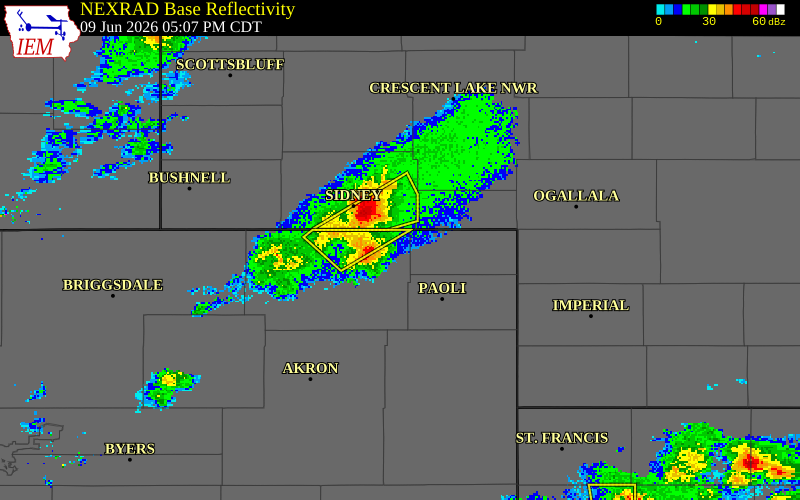 NEXRAD radar during the Tuesday, June 9, 2026 storm activity in Sedgwick County, Colorado