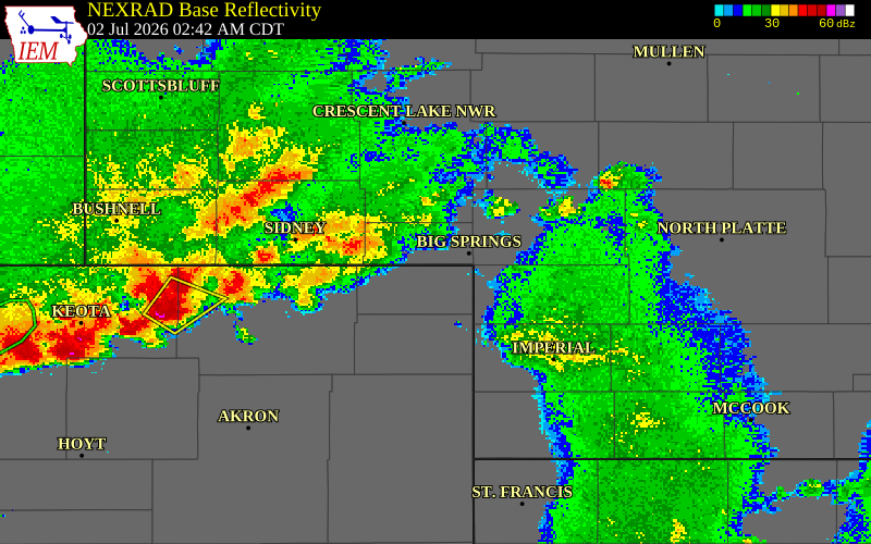 NEXRAD radar during the Thursday, July 2, 2026 storm activity in Sedgwick County, Colorado