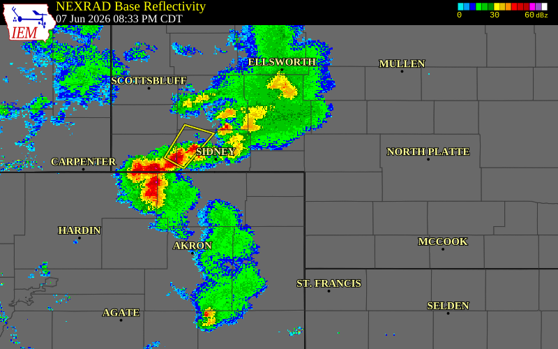 Radar snapshot during the Jun 7, 2026 wind event near 3 WSW Julesburg, Sedgwick County, Colorado, with NWS warning polygons