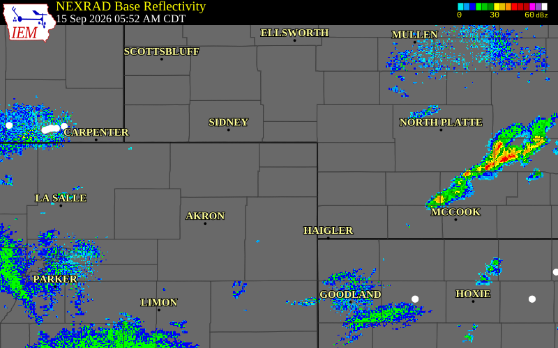 Current NEXRAD radar over Sedgwick County, Colorado with recent storm report locations
