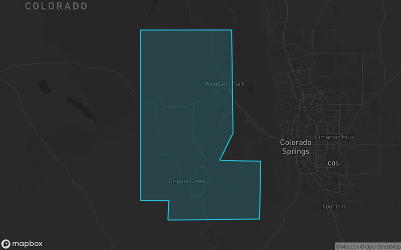 Map of Teller County, Colorado showing the county boundary and surrounding cities