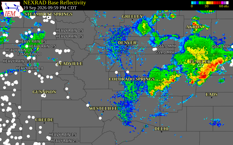 Current NEXRAD radar over Teller County, Colorado with recent storm report locations