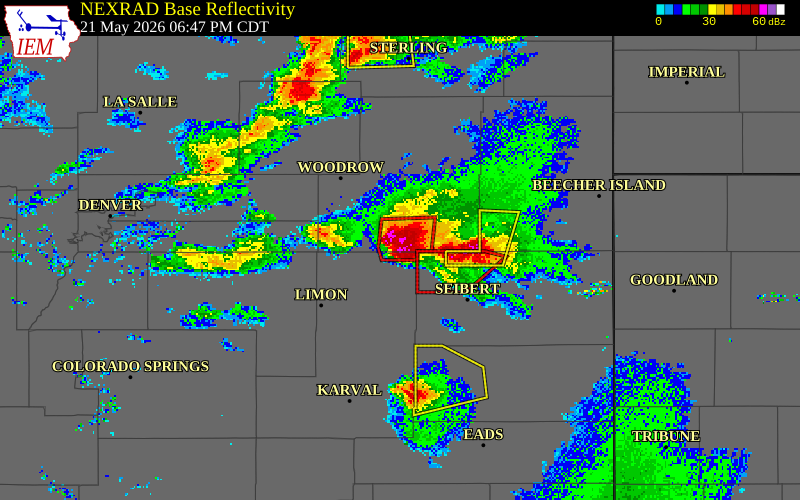 NEXRAD radar during the Thursday, May 21, 2026 storm activity in Washington County, Colorado