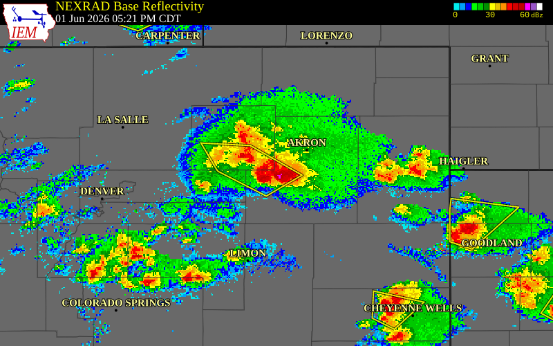 NEXRAD radar during the Monday, June 1, 2026 storm activity in Washington County, Colorado