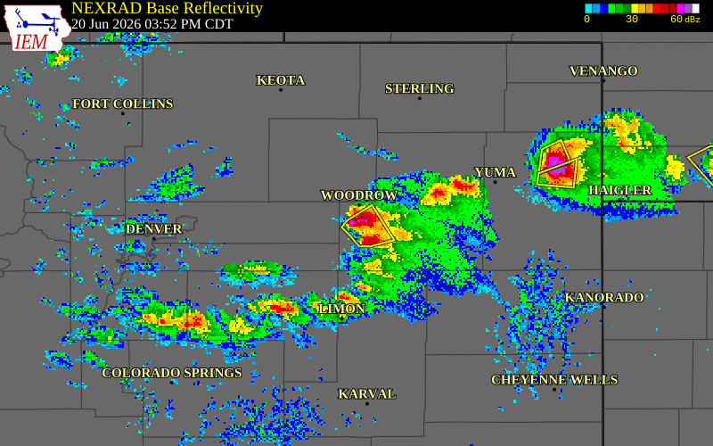 NEXRAD radar during the Saturday, June 20, 2026 storm activity in Washington County, Colorado
