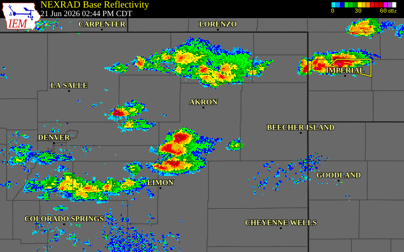 NEXRAD radar during the Sunday, June 21, 2026 storm activity in Washington County, Colorado