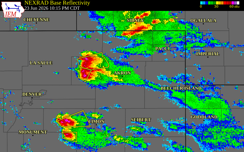 NEXRAD radar during the Tuesday, June 23, 2026 storm activity in Washington County, Colorado