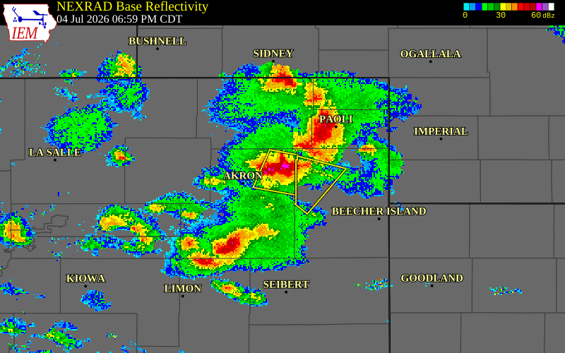 NEXRAD radar during the Saturday, July 4, 2026 storm activity in Washington County, Colorado