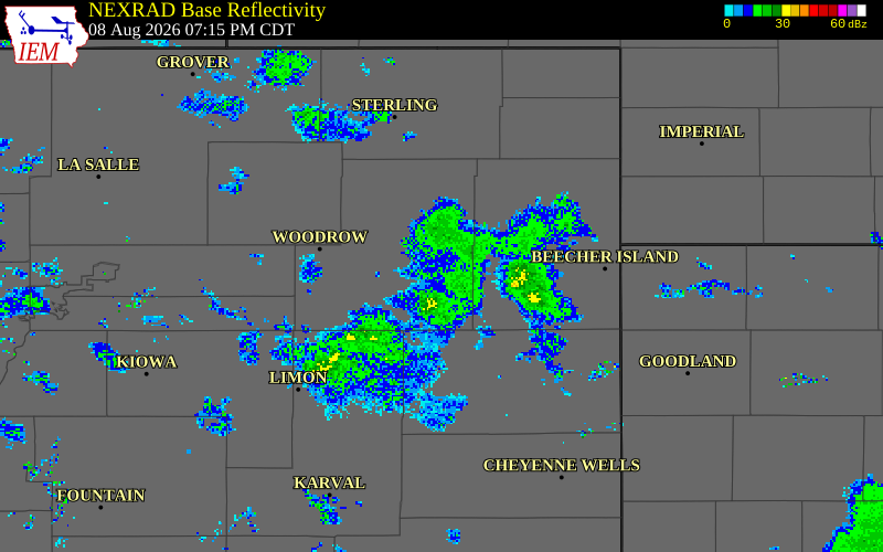 NEXRAD radar during the Saturday, August 8, 2026 storm activity in Washington County, Colorado
