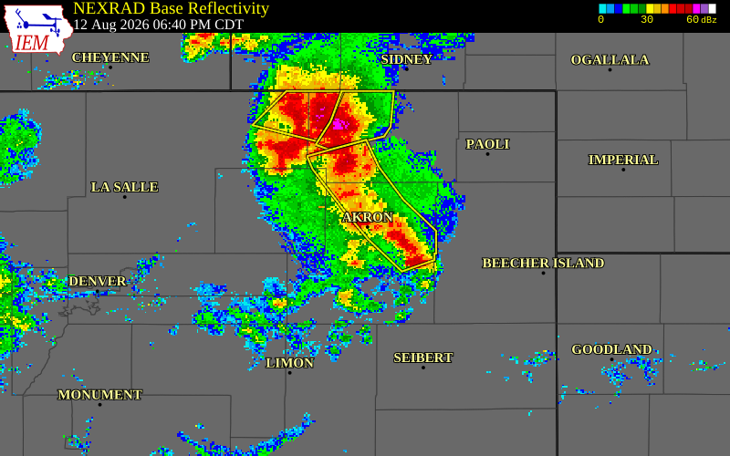 NEXRAD radar during the Wednesday, August 12, 2026 storm activity in Washington County, Colorado