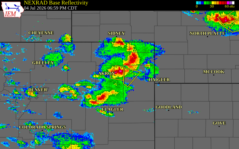 Radar snapshot during the Jul 4, 2026 tornado event near 6 NNE Otis, Washington County, Colorado, with NWS warning polygons
