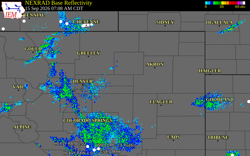 Current NEXRAD radar over Washington County, Colorado with recent storm report locations