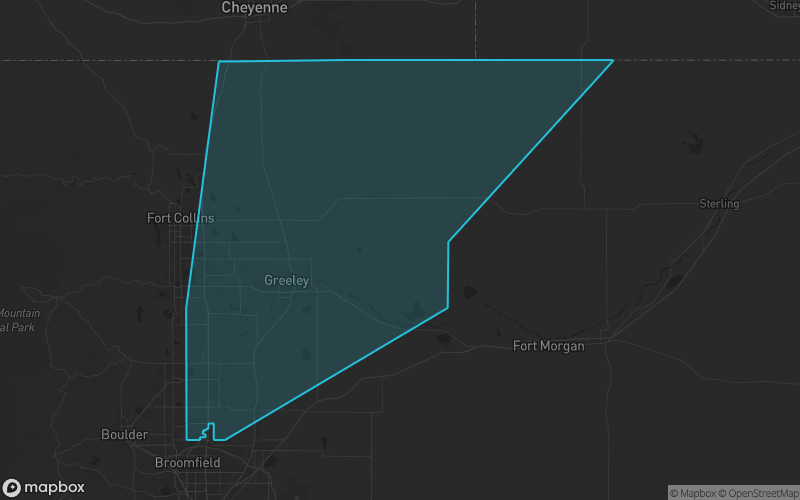 Map of Weld County, Colorado showing the county boundary and surrounding cities