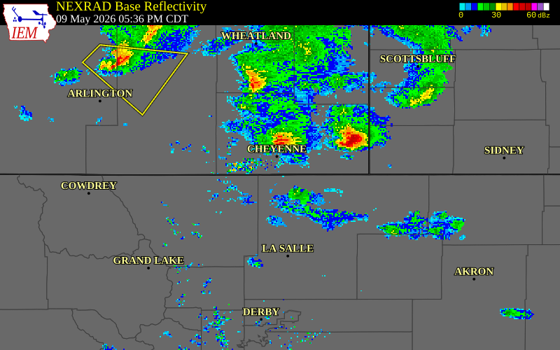 NEXRAD radar during the Saturday, May 9, 2026 storm activity in Weld County, Colorado