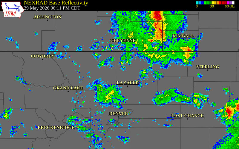 NEXRAD radar during the Friday, May 29, 2026 storm activity in Weld County, Colorado