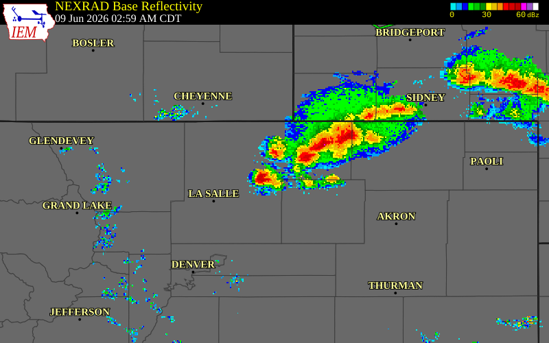 NEXRAD radar during the Tuesday, June 9, 2026 storm activity in Weld County, Colorado