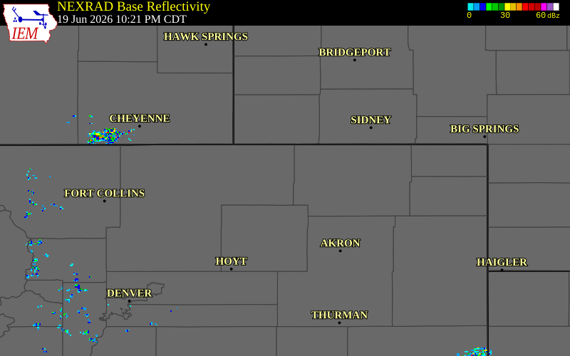 NEXRAD radar during the Friday, June 19, 2026 storm activity in Weld County, Colorado