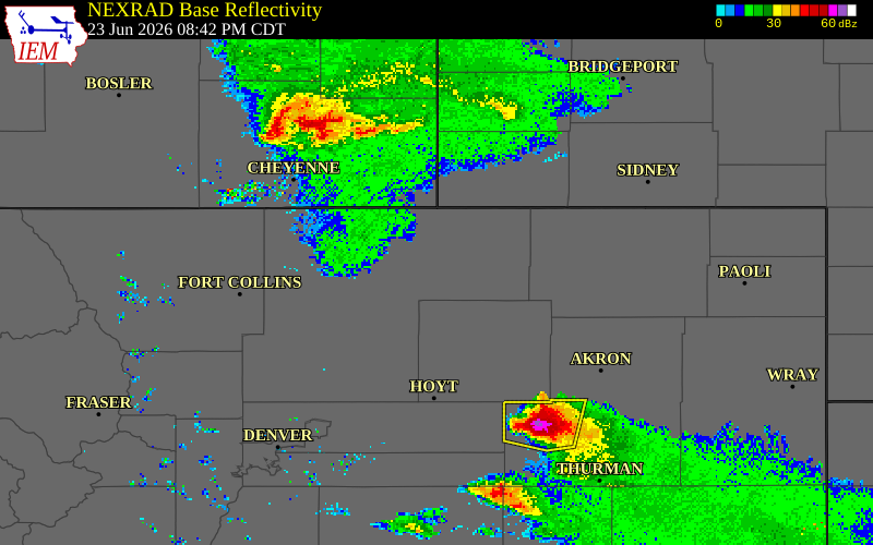 NEXRAD radar during the Tuesday, June 23, 2026 storm activity in Weld County, Colorado
