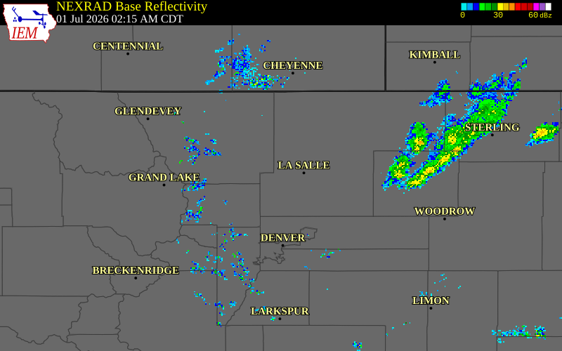 NEXRAD radar during the Wednesday, July 1, 2026 storm activity in Weld County, Colorado