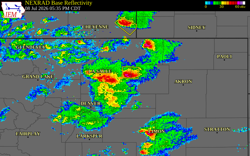 NEXRAD radar during the Wednesday, July 8, 2026 storm activity in Weld County, Colorado