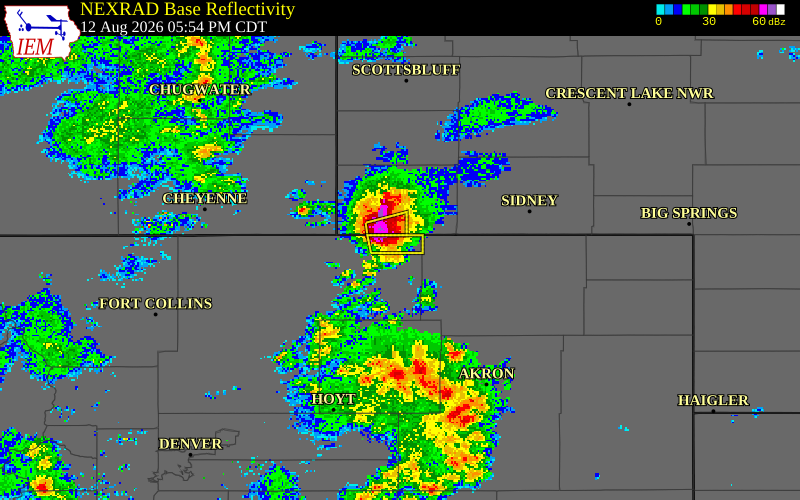 NEXRAD radar during the Wednesday, August 12, 2026 storm activity in Weld County, Colorado