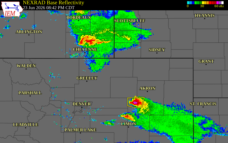 Radar snapshot during the Jun 23, 2026 tornado event near 2 SSE Keota, Weld County, Colorado, with NWS warning polygons
