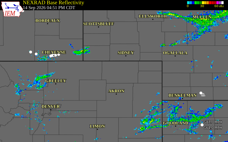 Current NEXRAD radar over Weld County, Colorado with recent storm report locations