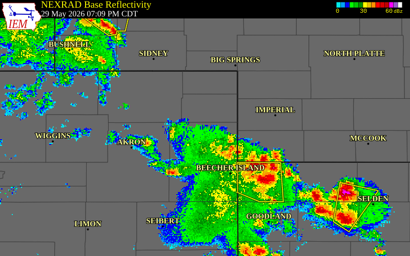 NEXRAD radar during the Friday, May 29, 2026 storm activity in Yuma County, Colorado
