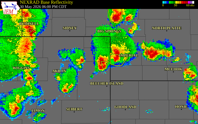 NEXRAD radar during the Saturday, May 30, 2026 storm activity in Yuma County, Colorado